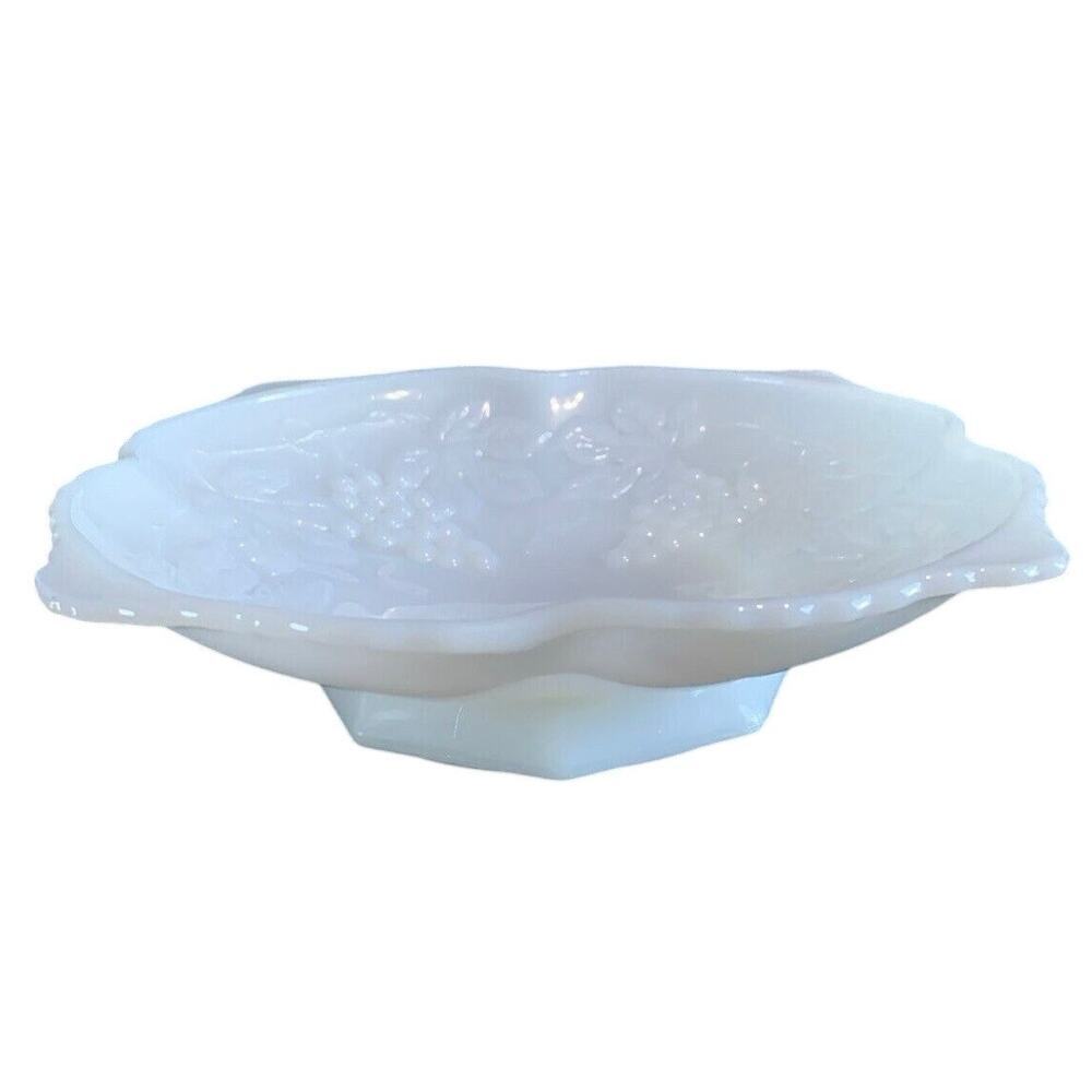 Vintage White Milk Glass Grape Harvest Anchor Hocking Low Fruit Bowl Short